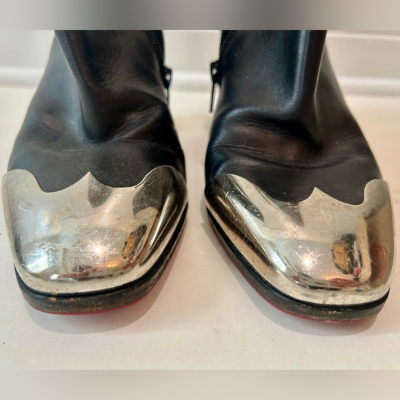 Christian Louboutin Black Leather Ankle Boots with Silver Cap Toe & Heel - Picture 5 of 16